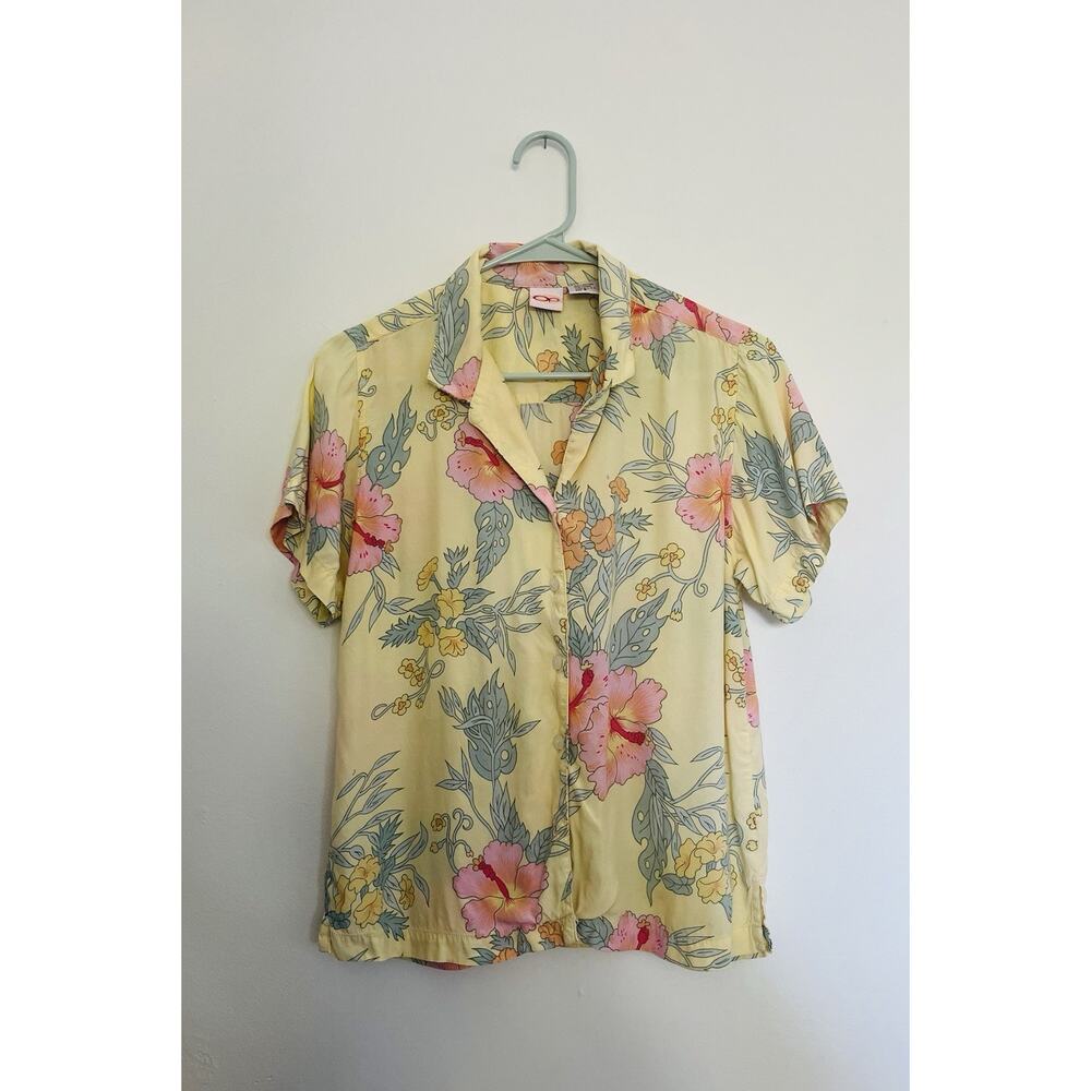 OP Ocean Pacific Yellow Hibiscus Floral Button Down Vintage Women's Surf Size S